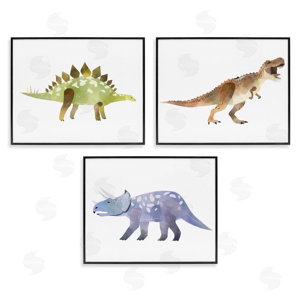 Ziwei Li T-Rex Triceratops and Stegosaurus Dinosaurs Black Framed Giclee Wall Art Print