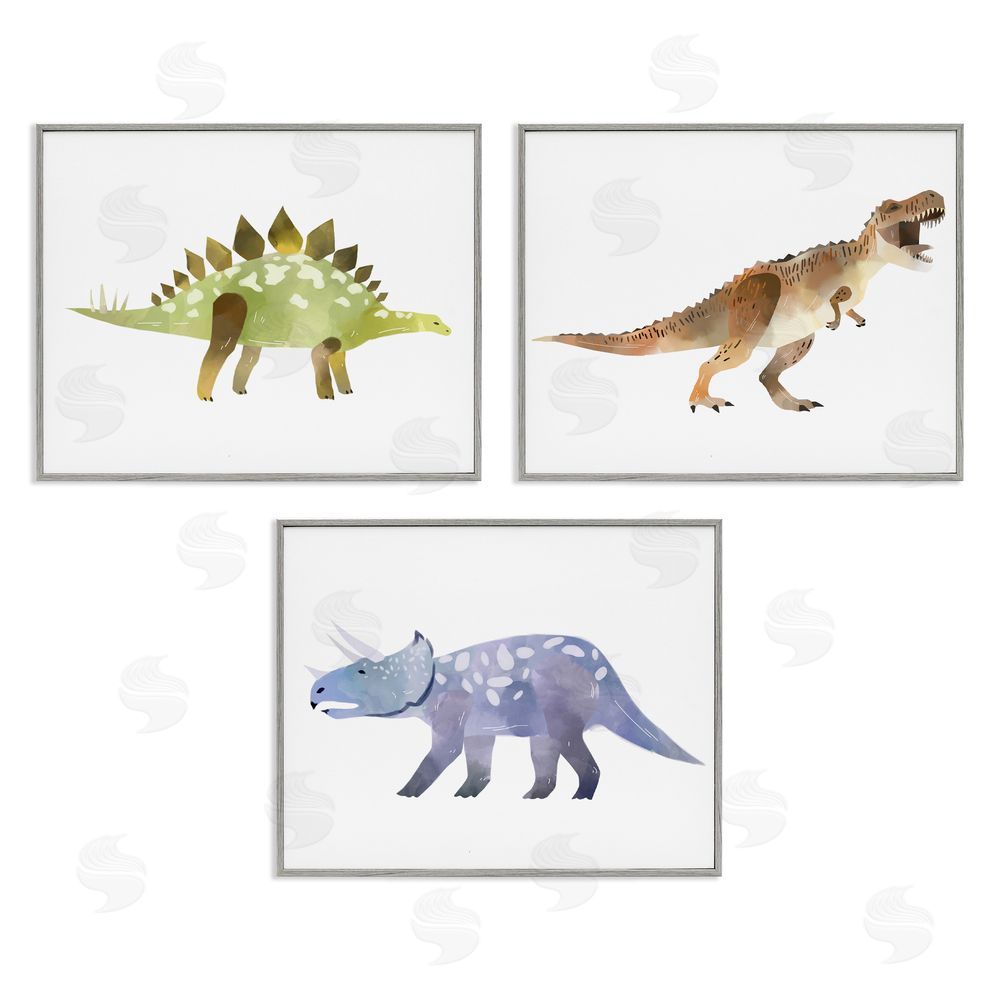 Ziwei Li T-Rex Triceratops and Stegosaurus Dinosaurs Gray Framed Giclee Wall Art Print