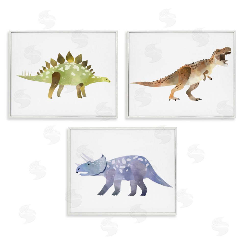 Ziwei Li T-Rex Triceratops and Stegosaurus Dinosaurs White Framed Giclee Wall Art Print