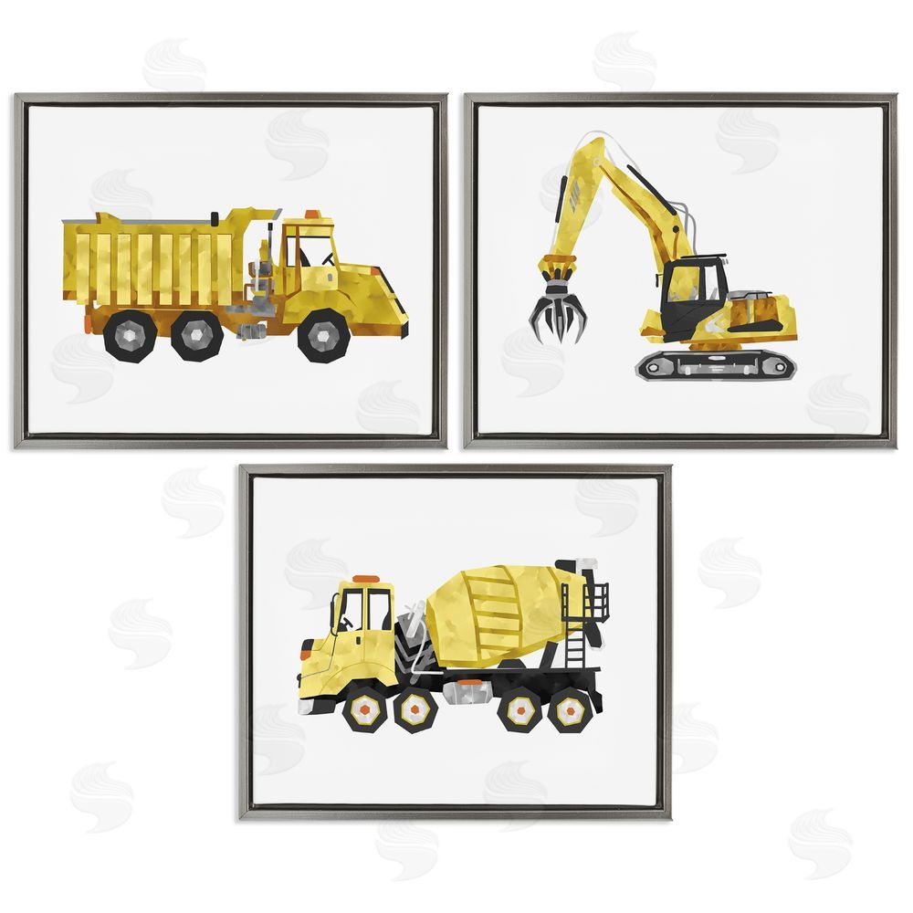 Ziwei Li Playful Construction Truck Vehicles Gray Floating Frame Canvas Wall Art Print