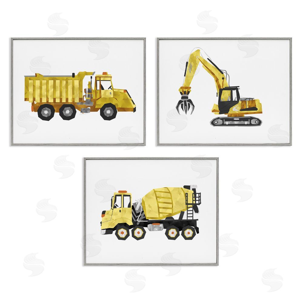 Ziwei Li Playful Construction Truck Vehicles Gray Framed Giclee Wall Art Print