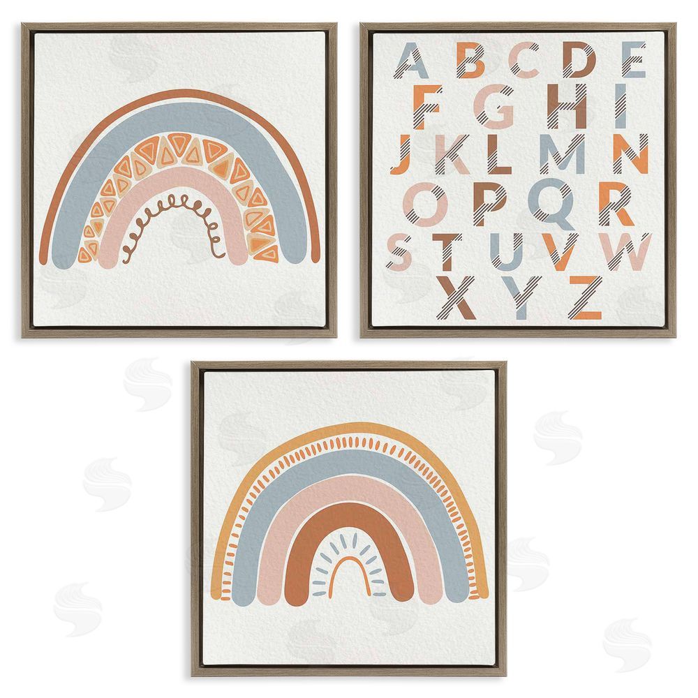 Kim Allen Geometric Rainbow Playful Alphabet Chart Brown Floating Frame Canvas Wall Art Print