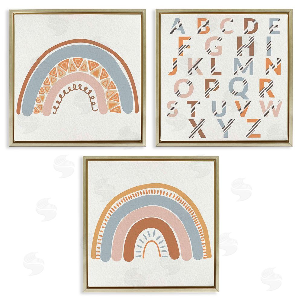 Kim Allen Geometric Rainbow Playful Alphabet Chart Gold Floating Frame Canvas Wall Art Print