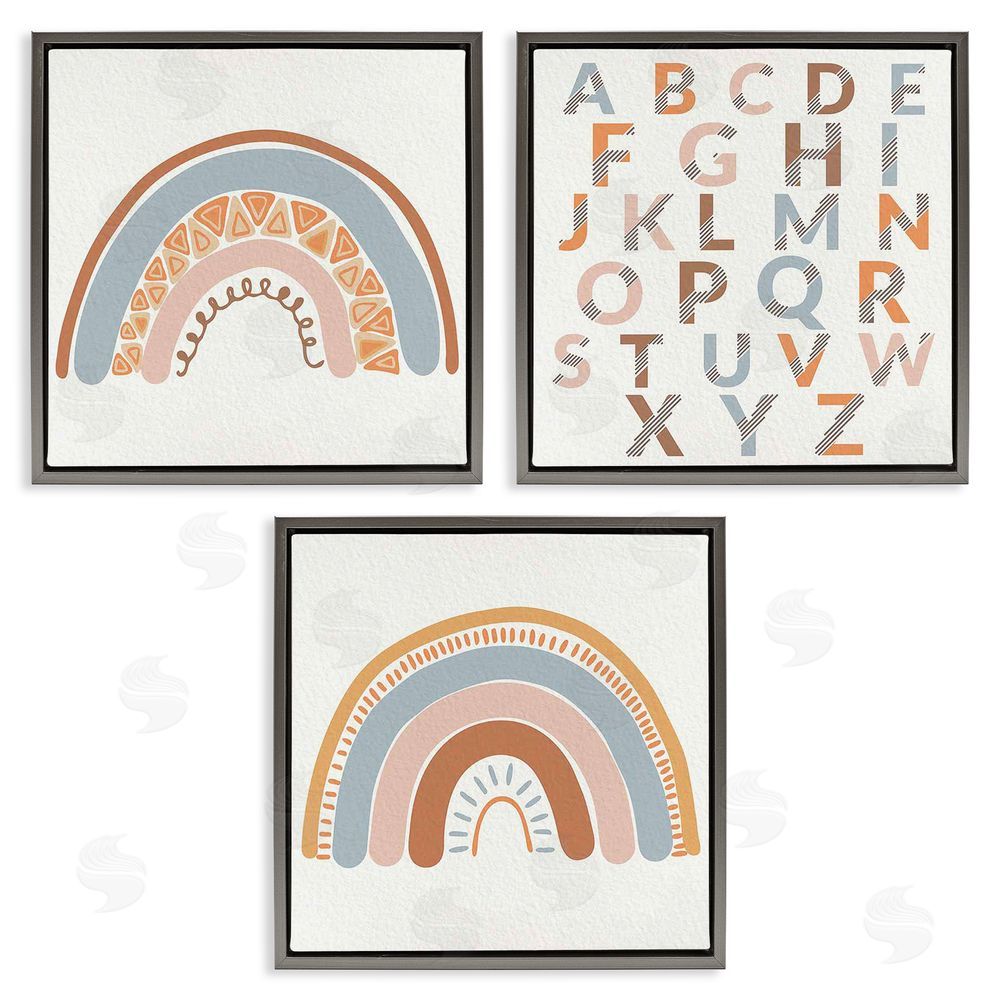 Kim Allen Geometric Rainbow Playful Alphabet Chart Gray Floating Frame Canvas Wall Art Print
