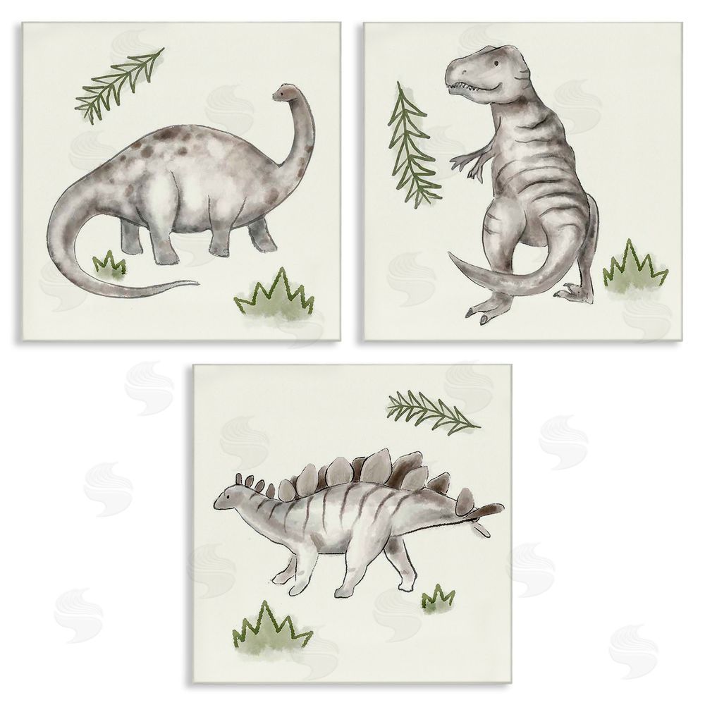 Stupell Studio Playful Grey Dinosaurs & Green Plants Canvas Wall Art Print