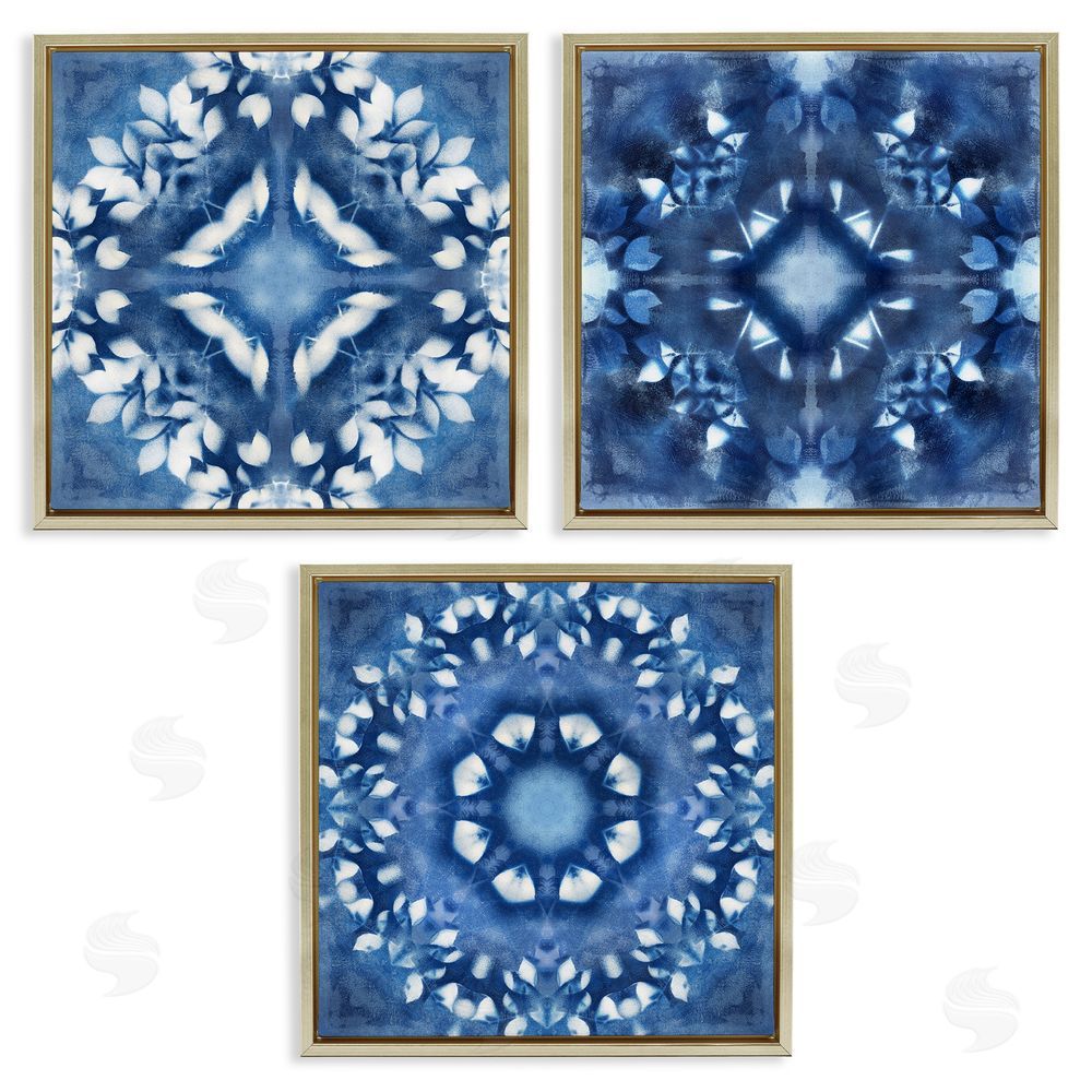 Nan Abstract Kaleidoscrop Blue Tie Dye Patterns Gold Floating Frame Canvas Wall Art Print