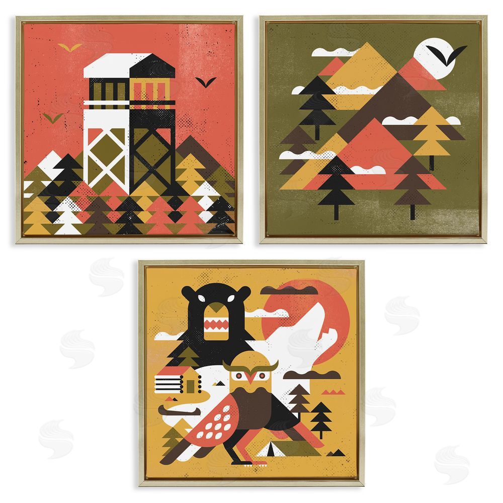 Robert John Paterson Rustic Forest Animal Camp Shapes Gold Floating Frame Canvas Wall Art Print