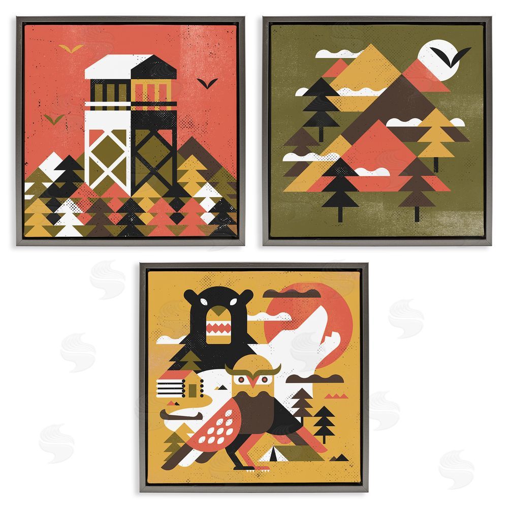Robert John Paterson Rustic Forest Animal Camp Shapes Gray Floating Frame Canvas Wall Art Print