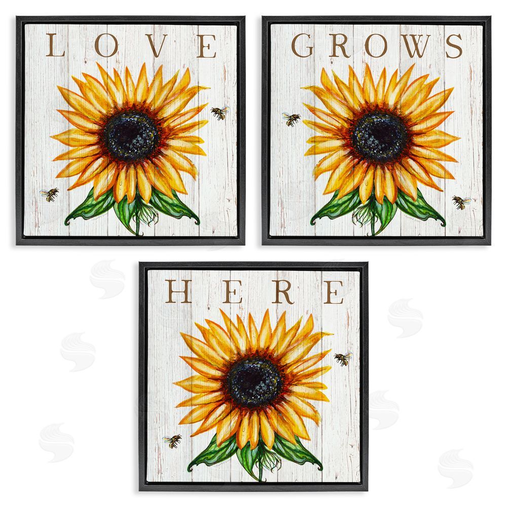 Elizabeth Tyndall Love Grows Here Sunflowers Honey Bees Black Floating Frame Canvas Wall Art Print