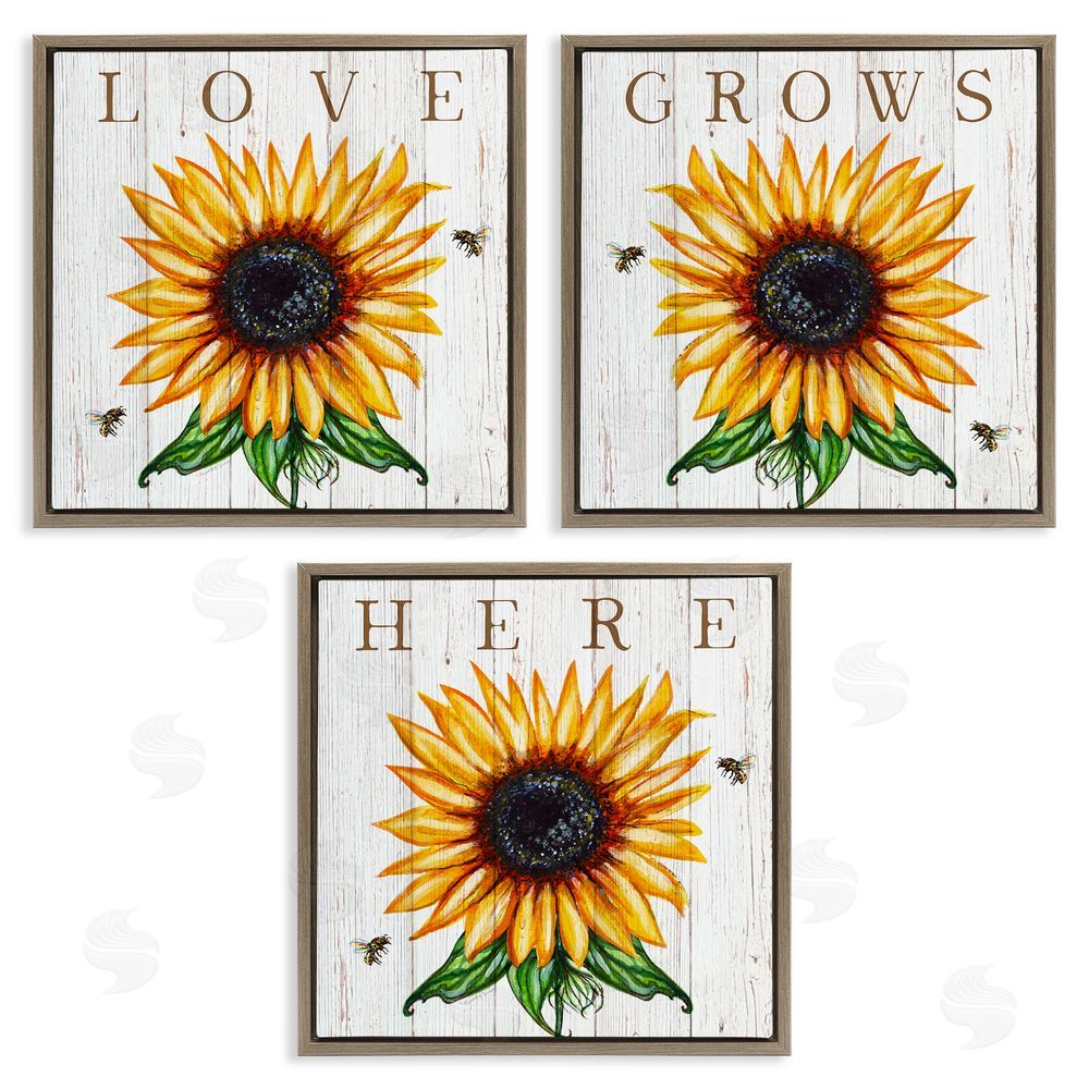 Elizabeth Tyndall Love Grows Here Sunflowers Honey Bees Brown Floating Frame Canvas Wall Art Print