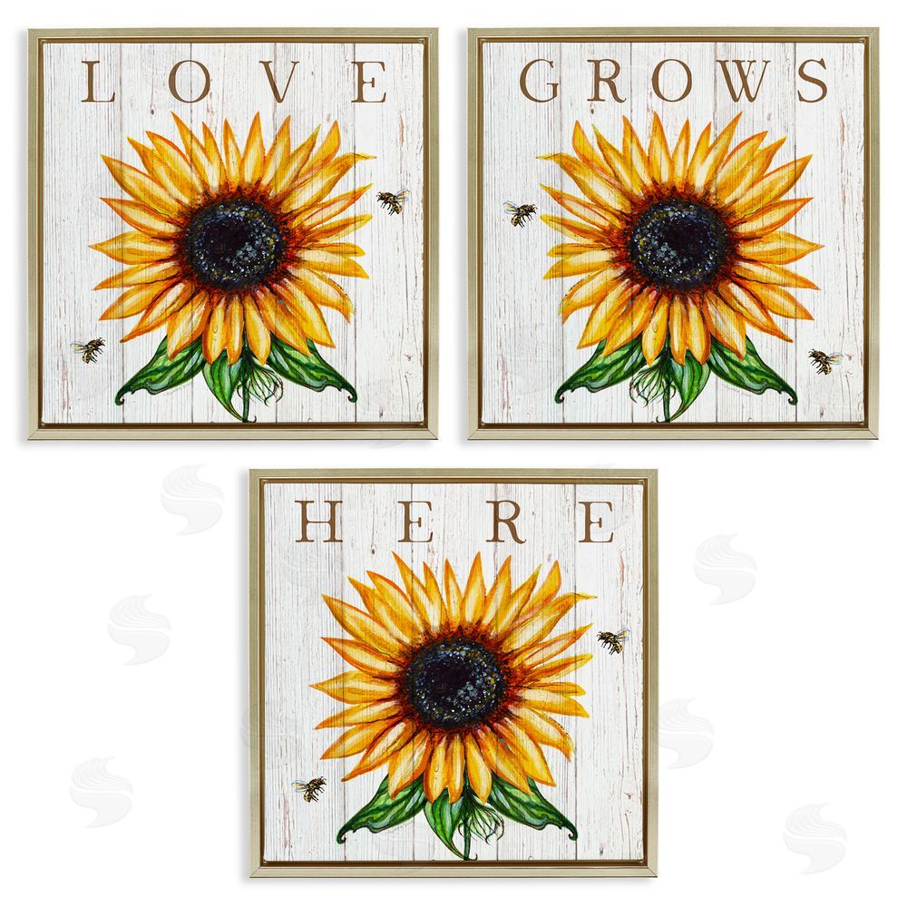 Elizabeth Tyndall Love Grows Here Sunflowers Honey Bees Gold Floating Frame Canvas Wall Art Print