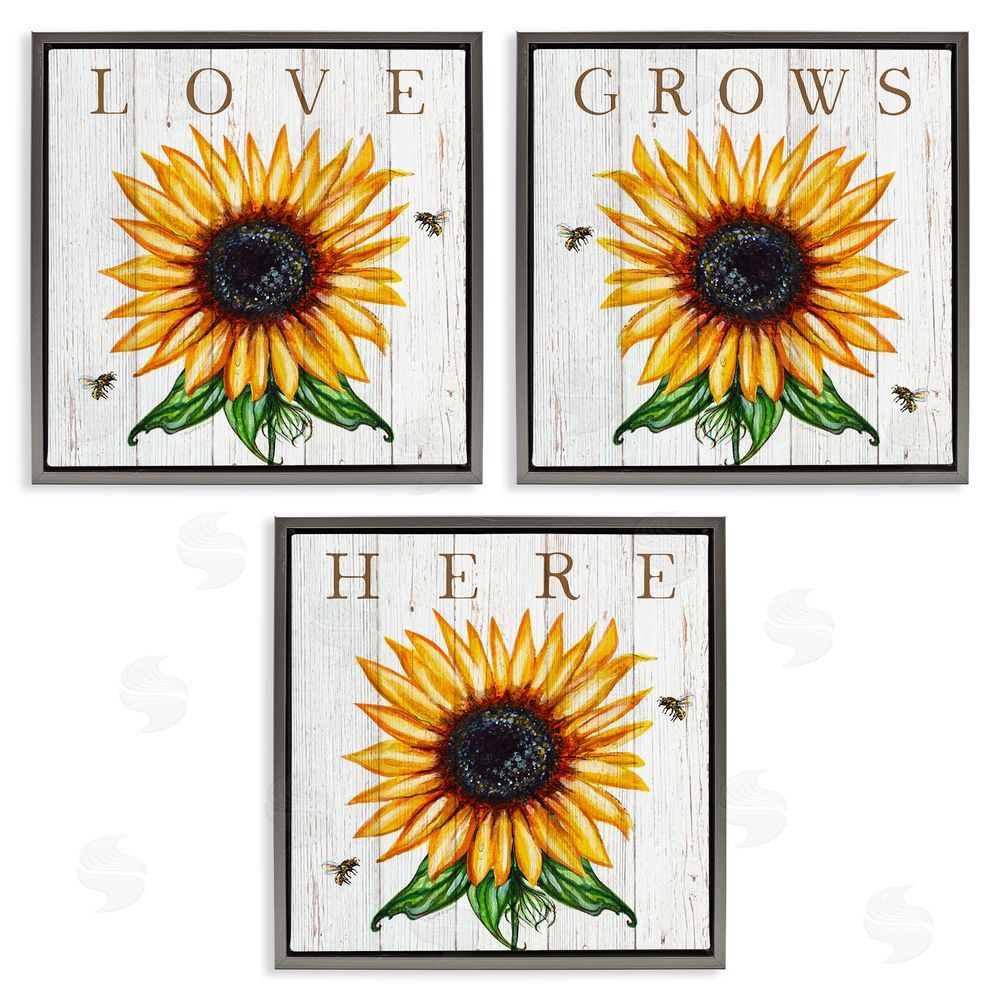 Elizabeth Tyndall Love Grows Here Sunflowers Honey Bees Gray Floating Frame Canvas Wall Art Print