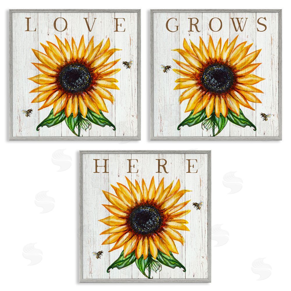 Elizabeth Tyndall Love Grows Here Sunflowers Honey Bees Gray Framed Giclee Wall Art Print