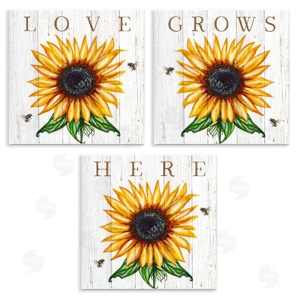 Elizabeth Tyndall Love Grows Here Sunflowers Honey Bees Wooden Wall Plaque Art Print