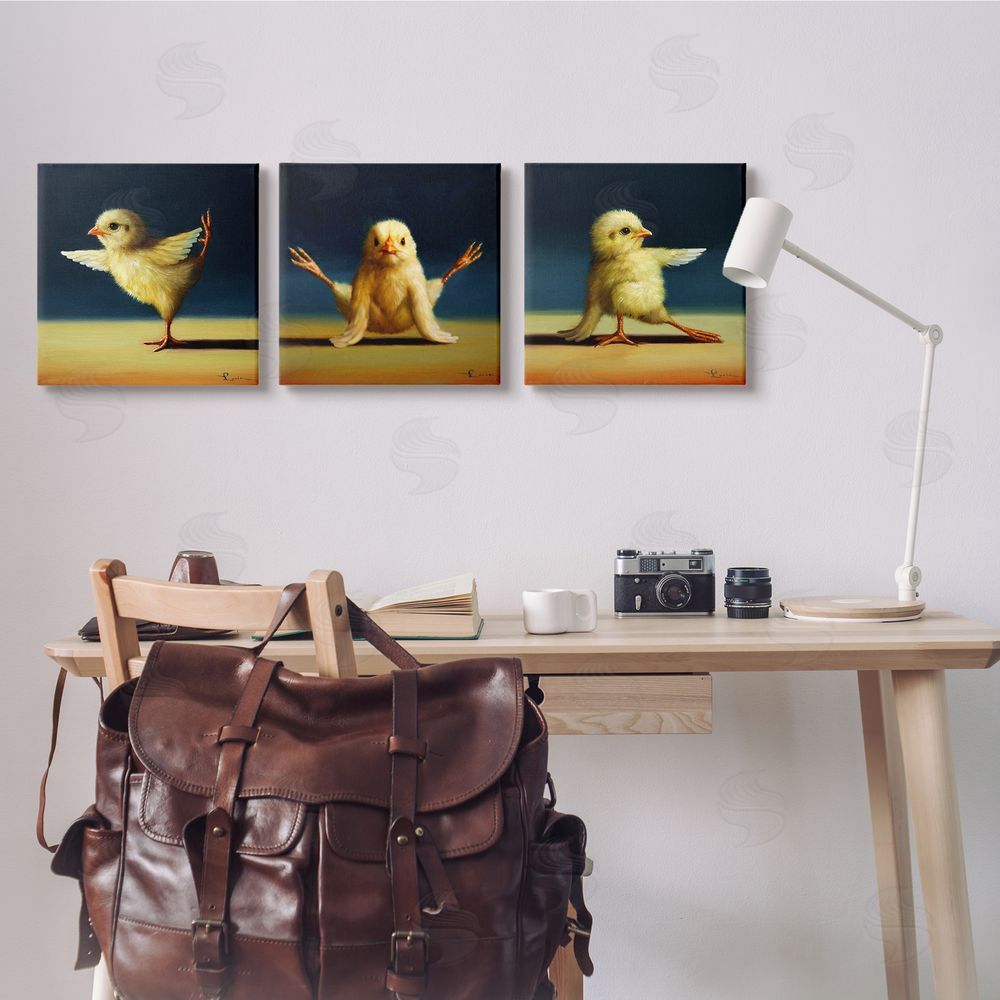 Lucia Heffernan Funny Yoga Chick Trio Farm Birds Stretching Poses Canvas Wall Art Print in Room