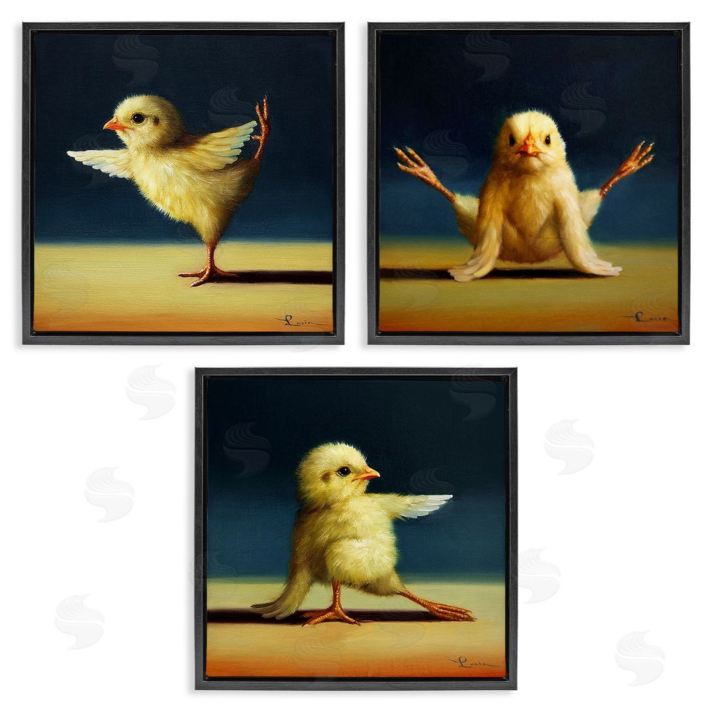 Lucia Heffernan Funny Yoga Chick Trio Farm Birds Stretching Poses Black Floating Frame Canvas Wall Art Print