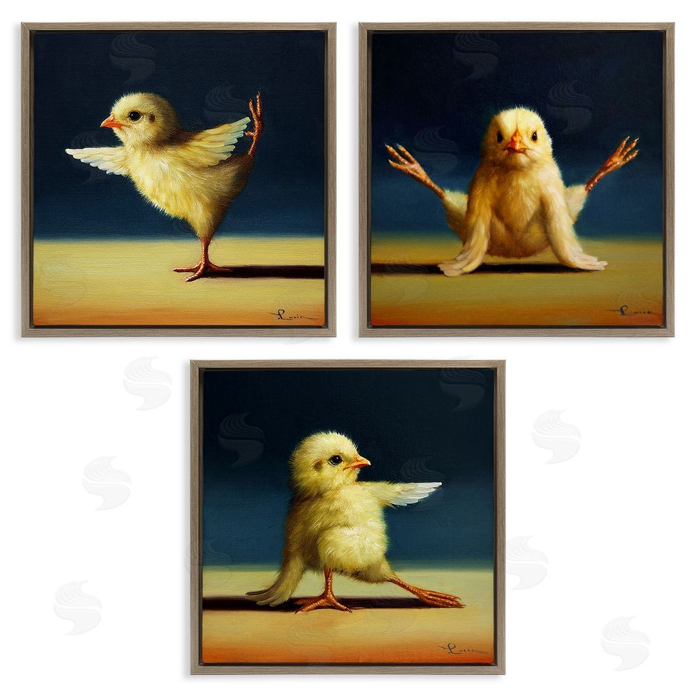 Lucia Heffernan Funny Yoga Chick Trio Farm Birds Stretching Poses Brown Floating Frame Canvas Wall Art Print