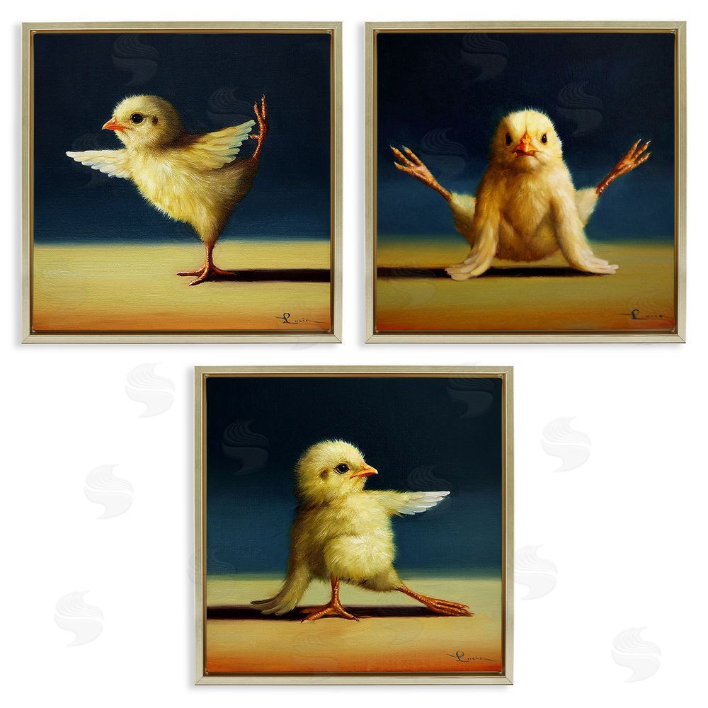 Lucia Heffernan Funny Yoga Chick Trio Farm Birds Stretching Poses Gold Floating Frame Canvas Wall Art Print