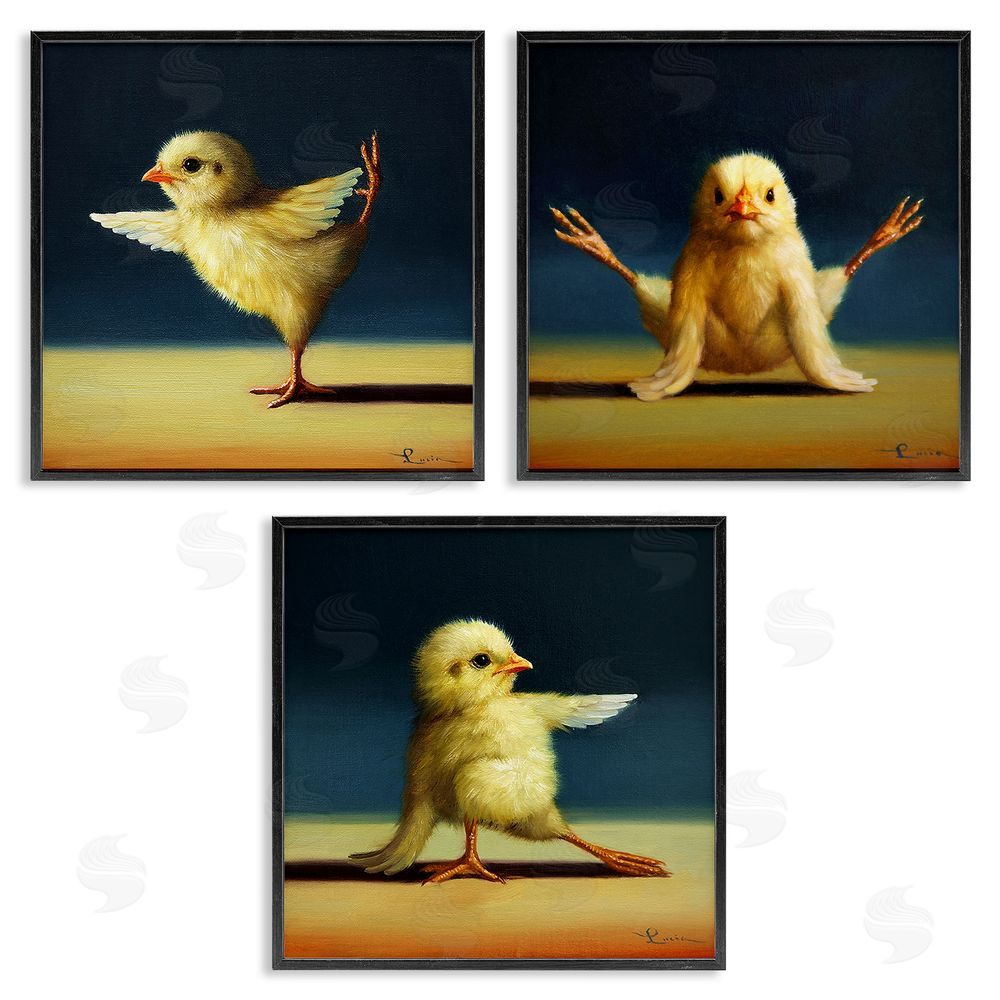 Lucia Heffernan Funny Yoga Chick Trio Farm Birds Stretching Poses Black Framed Giclee Wall Art Print