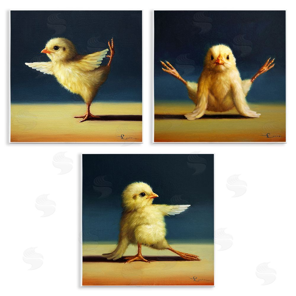 Lucia Heffernan Funny Yoga Chick Trio Farm Birds Stretching Poses Wooden Wall Plaque Art Print