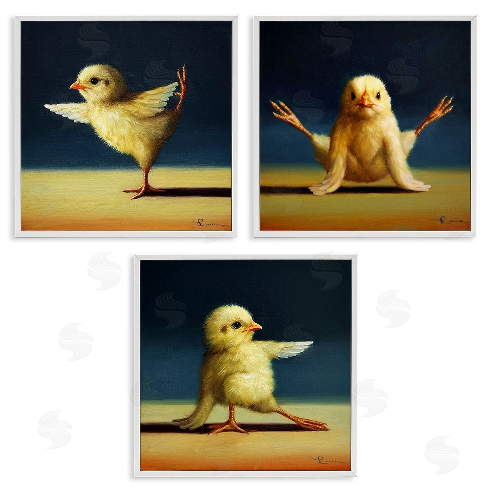 Lucia Heffernan Funny Yoga Chick Trio Farm Birds Stretching Poses White Framed Giclee Wall Art Print