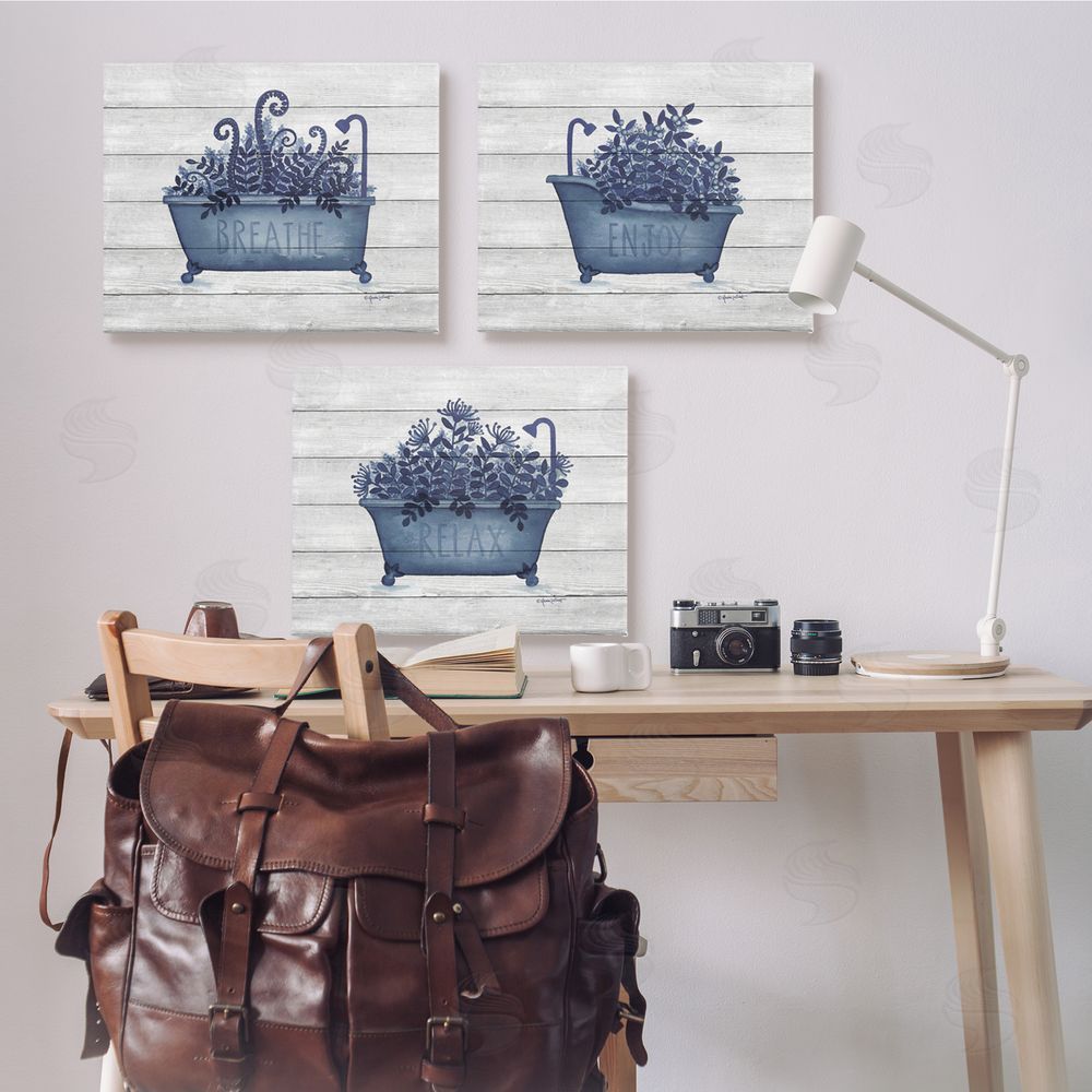 Annie LaPoint Enjoy Relaxing Bath Tub Blue Foliage Canvas Wall Art Print in Room
