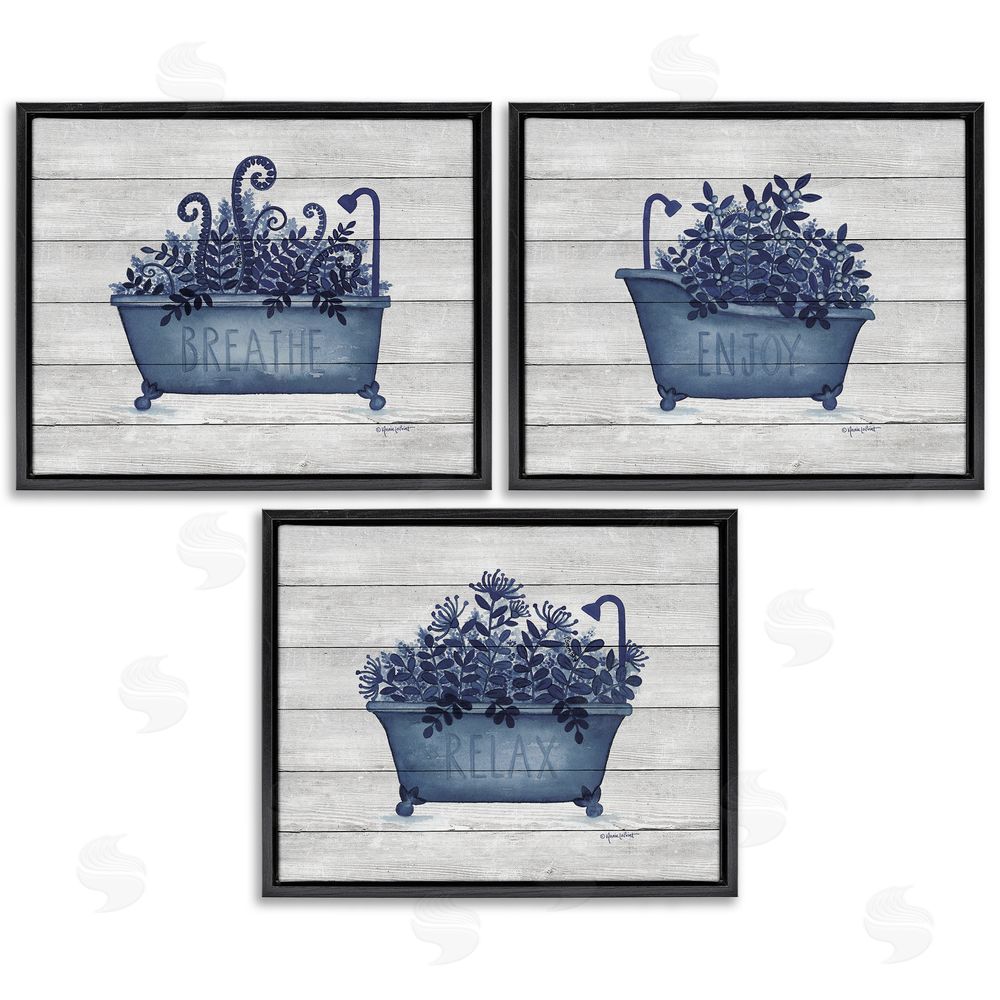 Annie LaPoint Enjoy Relaxing Bath Tub Blue Foliage Black Floating Frame Canvas Wall Art Print