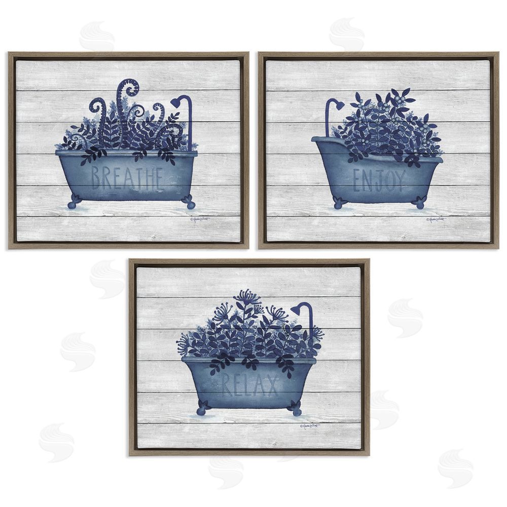 Annie LaPoint Enjoy Relaxing Bath Tub Blue Foliage Brown Floating Frame Canvas Wall Art Print