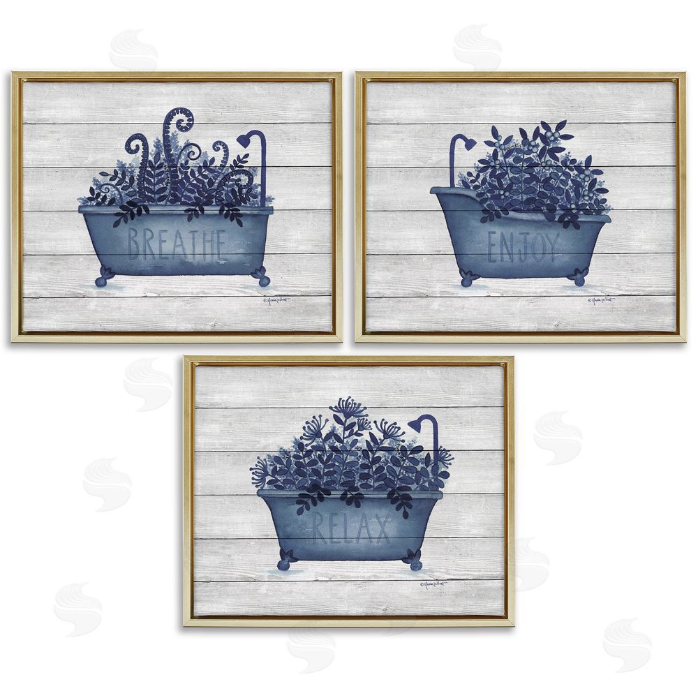 Annie LaPoint Enjoy Relaxing Bath Tub Blue Foliage Gold Floating Frame Canvas Wall Art Print