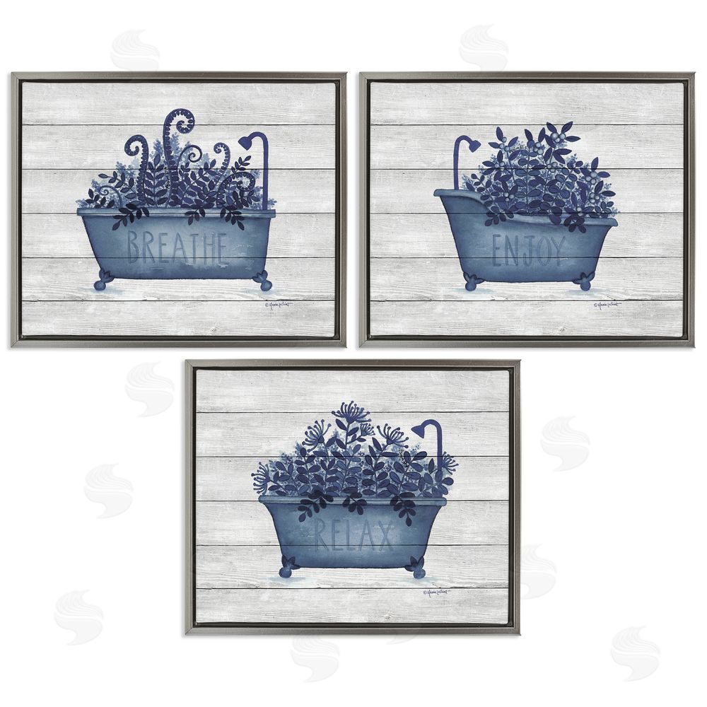 Annie LaPoint Enjoy Relaxing Bath Tub Blue Foliage Gray Floating Frame Canvas Wall Art Print