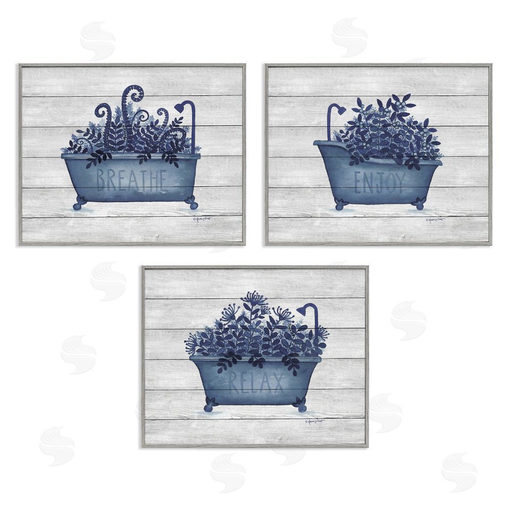 Annie LaPoint Enjoy Relaxing Bath Tub Blue Foliage Gray Framed Giclee Wall Art Print