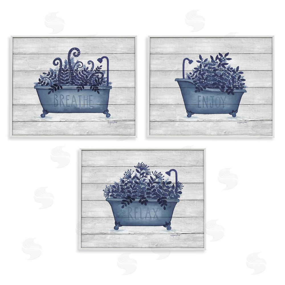 Annie LaPoint Enjoy Relaxing Bath Tub Blue Foliage White Framed Giclee Wall Art Print