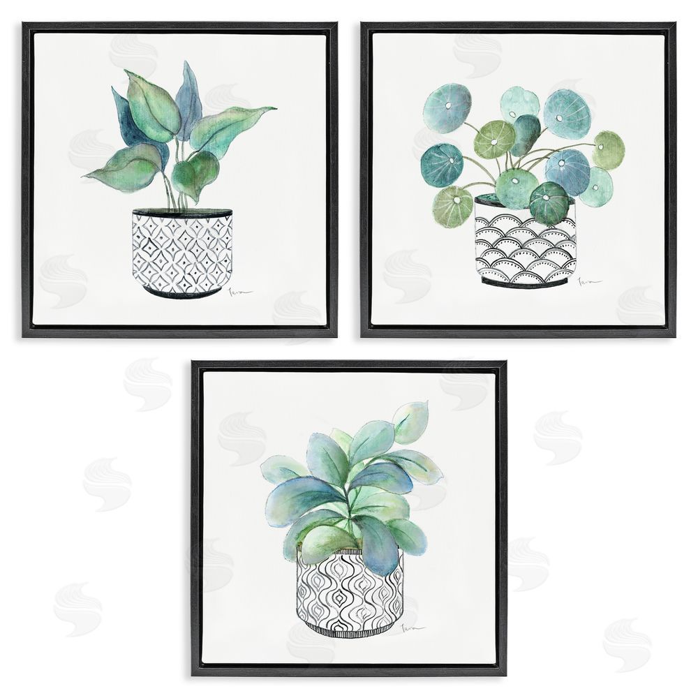 Tava Studios Patterned Planter Vase Lush Blooming Leaves  Black Floating Frame Canvas Wall Art Print