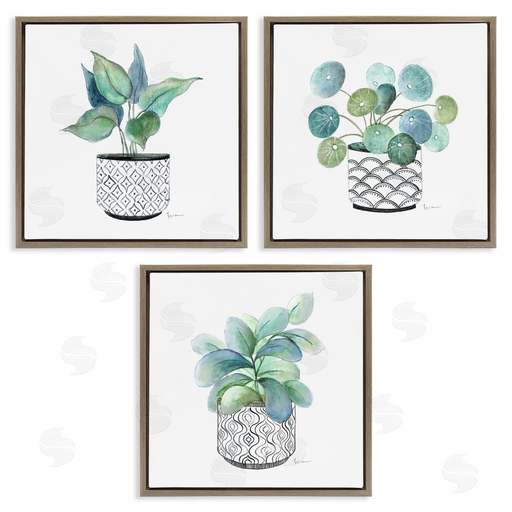 Tava Studios Patterned Planter Vase Lush Blooming Leaves  Brown Floating Frame Canvas Wall Art Print