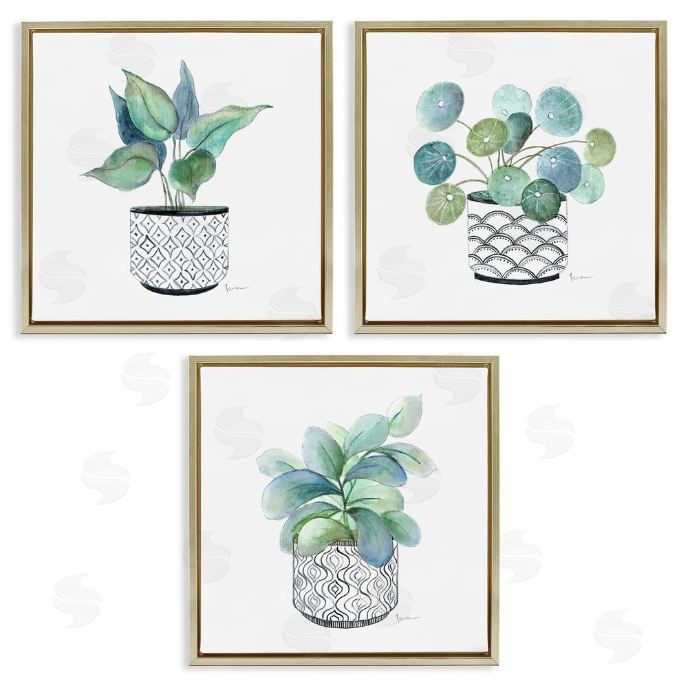 Tava Studios Patterned Planter Vase Lush Blooming Leaves  Gold Floating Frame Canvas Wall Art Print