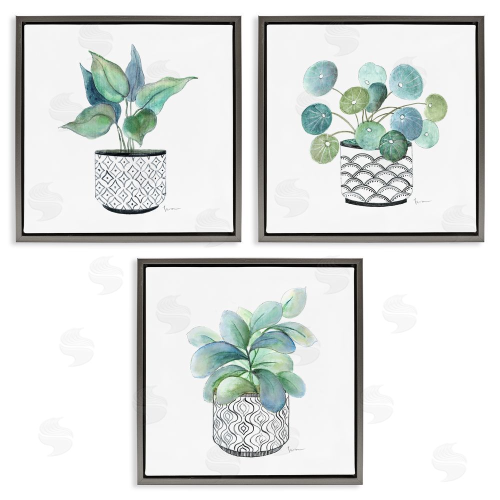 Tava Studios Patterned Planter Vase Lush Blooming Leaves  Gray Floating Frame Canvas Wall Art Print
