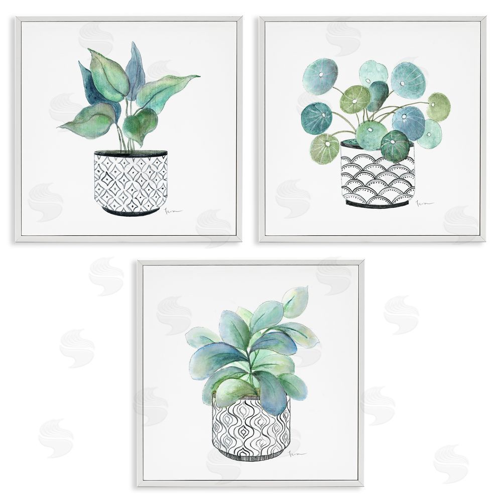 Tava Studios Patterned Planter Vase Lush Blooming Leaves  White Framed Giclee Wall Art Print