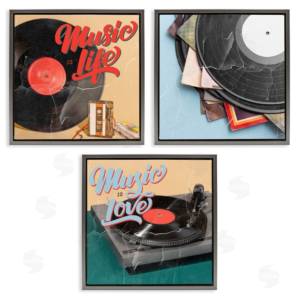 Kim Allen Music Is Love Life Vintage Turntable Gray Floating Frame Canvas Wall Art Print