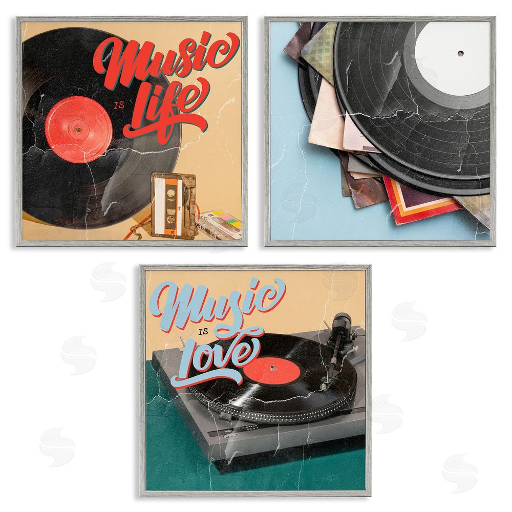 Kim Allen Music Is Love Life Vintage Turntable Gray Framed Giclee Wall Art Print