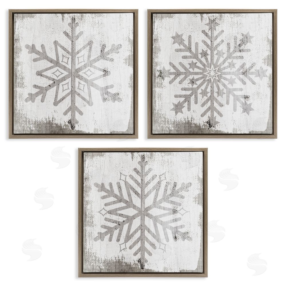 Stupell Studio Seasonal Winter Snowflake Snow Shapes Brown Floating Frame Canvas Wall Art Print