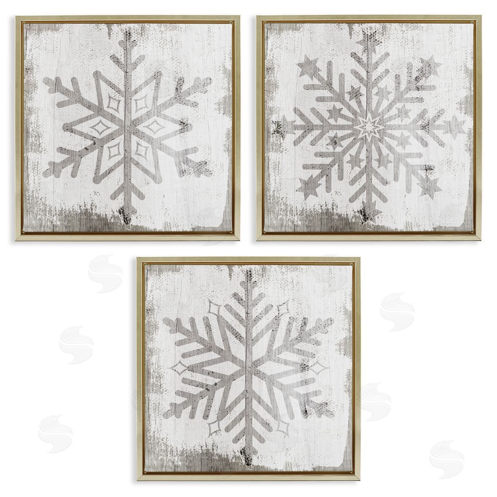Stupell Studio Seasonal Winter Snowflake Snow Shapes Gold Floating Frame Canvas Wall Art Print