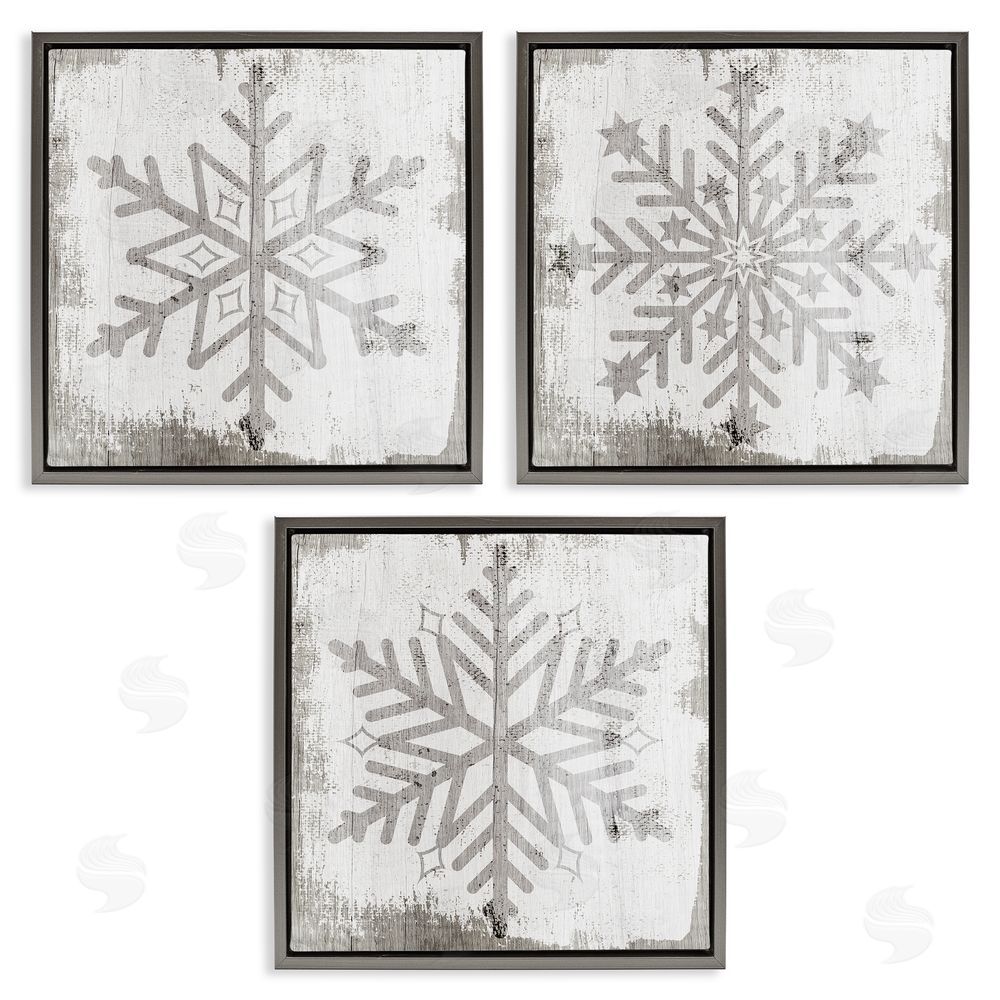 Stupell Studio Seasonal Winter Snowflake Snow Shapes Gray Floating Frame Canvas Wall Art Print