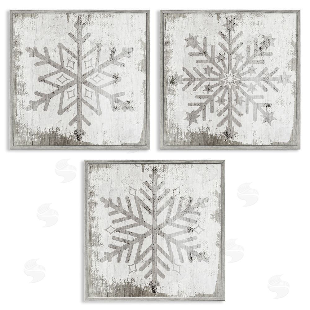 Stupell Studio Seasonal Winter Snowflake Snow Shapes Gray Framed Giclee Wall Art Print