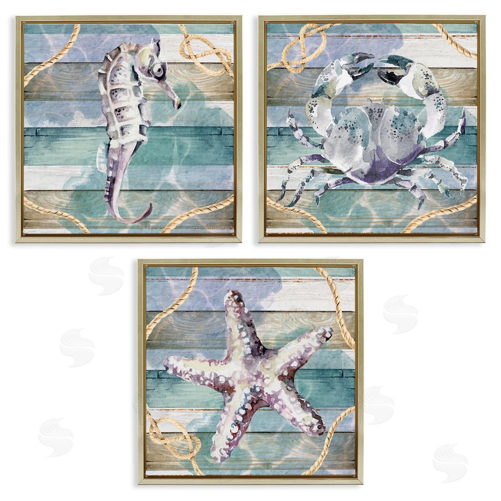 Nicole DeCamp Sea Life Plank Pattern Gold Floating Frame Canvas Wall Art Print