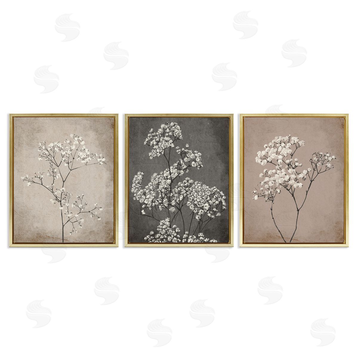 Botanical Baby's Breath Herbs Gold Floating Frame Canvas Wall Art, Home Decor by Ros Ruseva