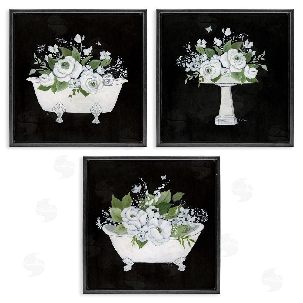 Janet Tava Rustic Bathroom Florals Black Floating Frame Canvas Wall Art Print