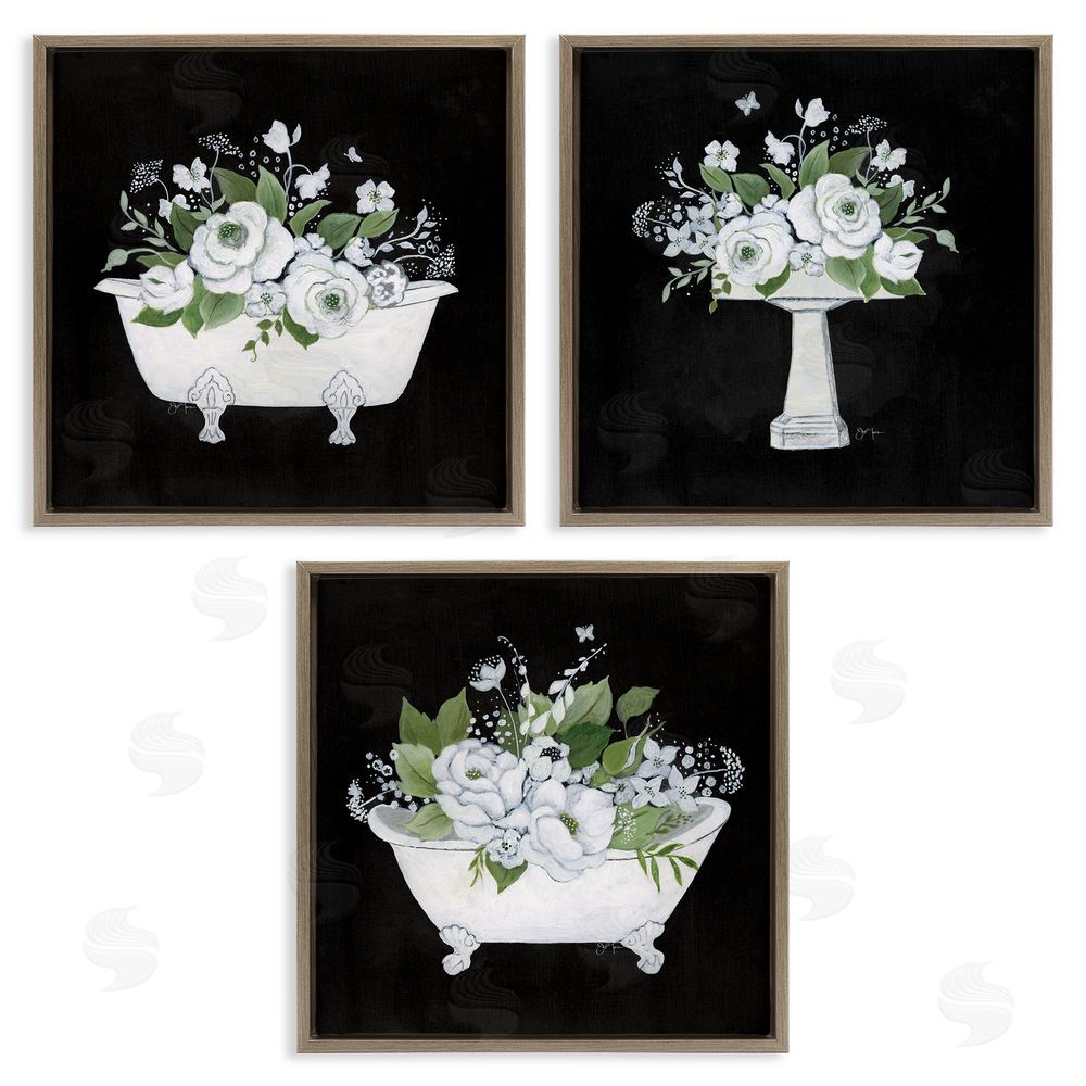 Janet Tava Rustic Bathroom Florals Brown Floating Frame Canvas Wall Art Print