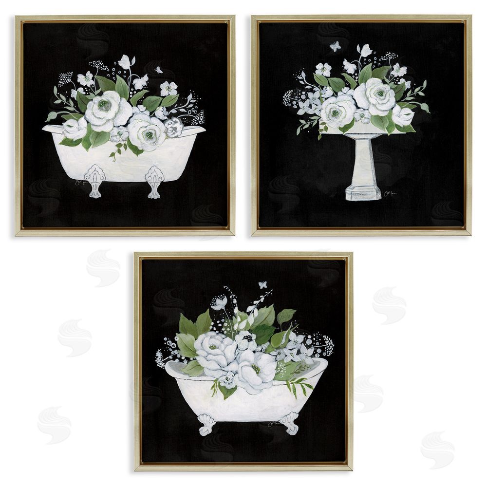 Janet Tava Rustic Bathroom Florals Gold Floating Frame Canvas Wall Art Print