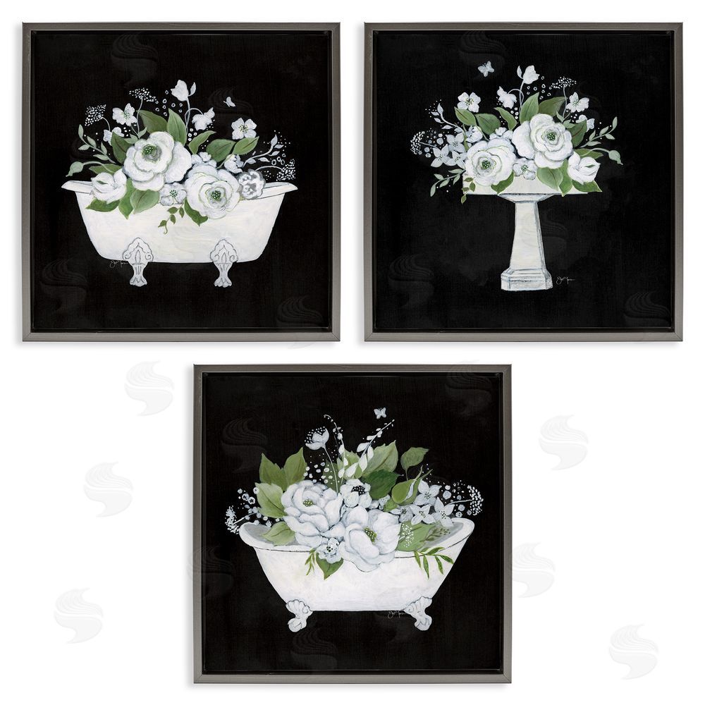 Janet Tava Rustic Bathroom Florals Gray Floating Frame Canvas Wall Art Print