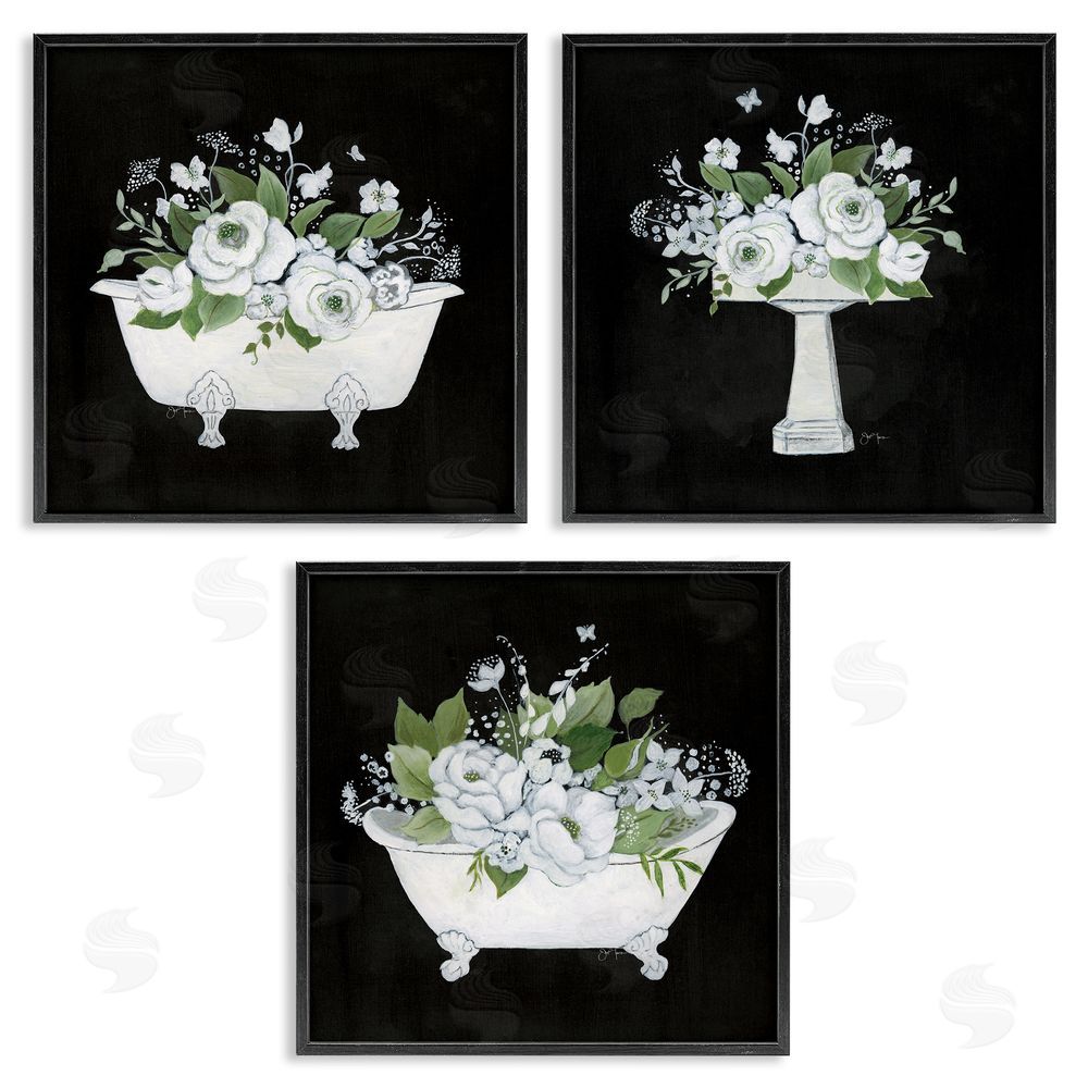 Janet Tava Rustic Bathroom Florals Black Framed Giclee Wall Art Print